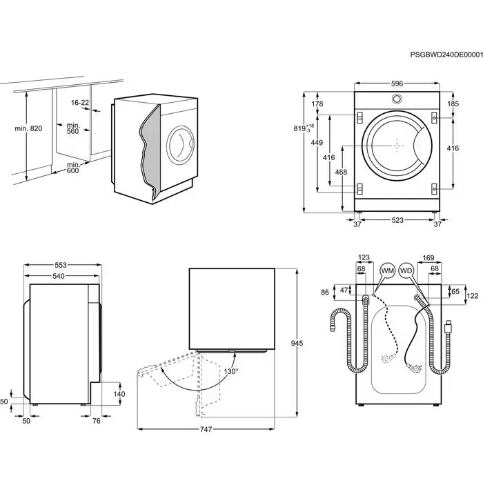 Technical drawing of a washing machine with dimensions and layout details.