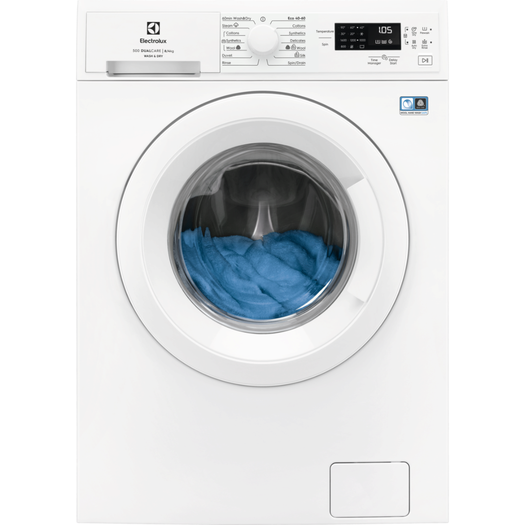Electrolux White Washer Dryer machine with blue laundry inside on a white background