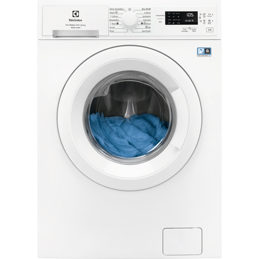 Electrolux White Washer Dryer machine with blue laundry inside on a white background