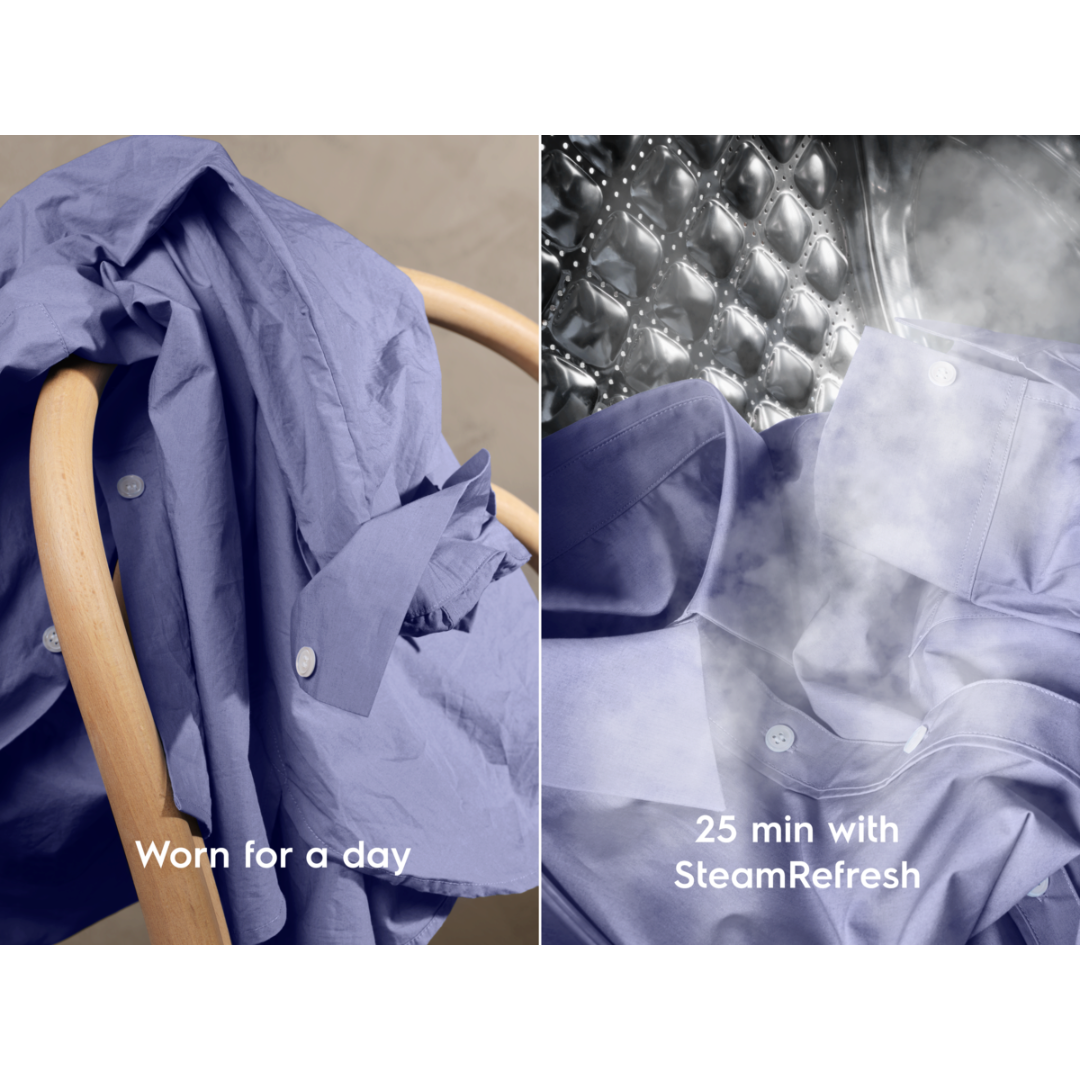 Comparison of a shirt before and after using Electrolux SteamRefresh, showing a significant difference in wrinkle removal.