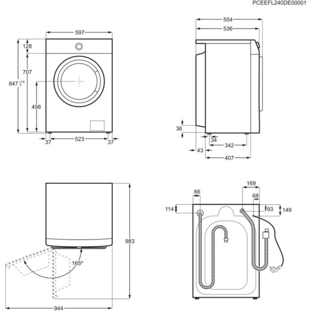 Technical drawing of a washing machine with dimensions
