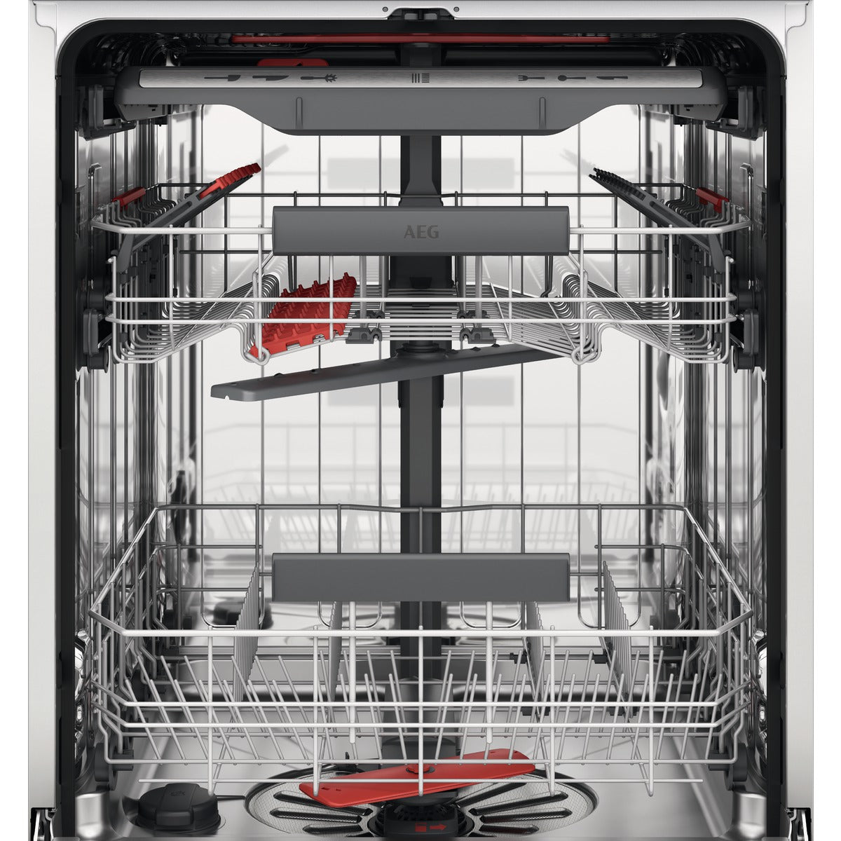 AEG dishwasher with open door showing interior racks and compartments.