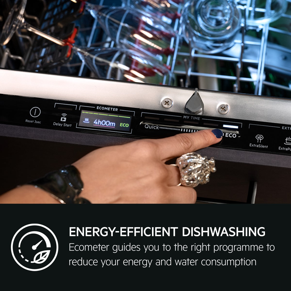 Hand pressing a button on an AEG dishwasher with energy-efficient text overlay