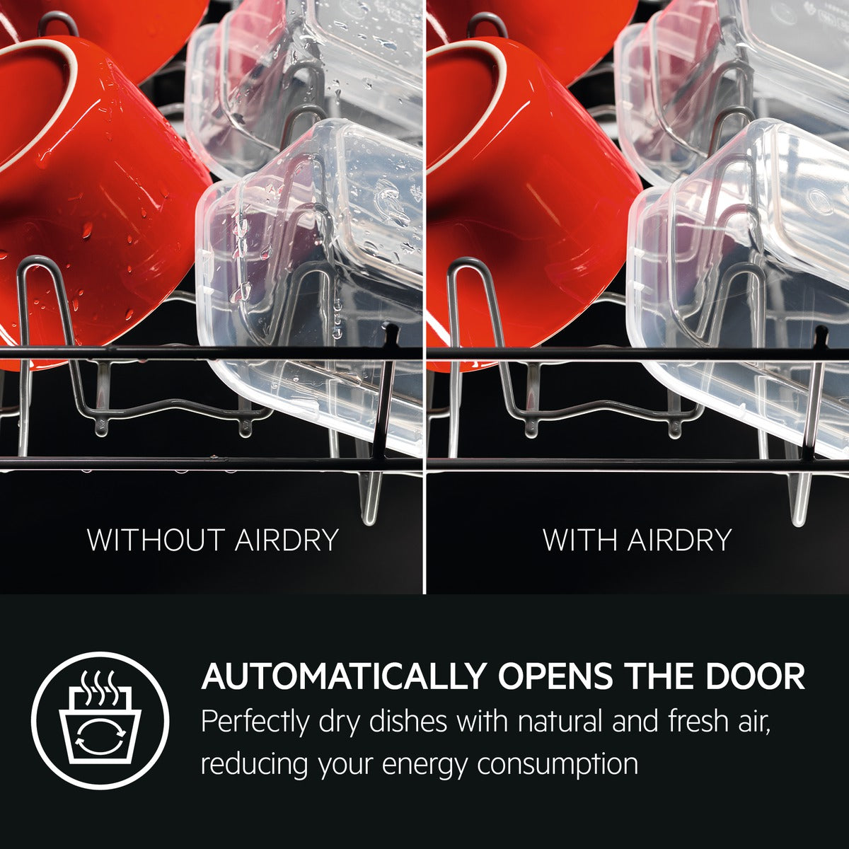 Comparison of dishes with and without AEG air-dry feature in a dishwasher.