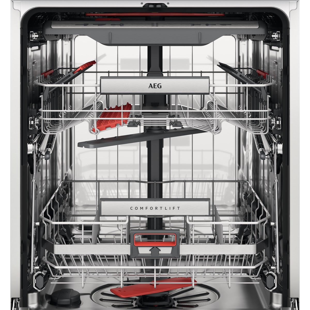 AEG dishwasher with open door showing Comfortlift interior racks and compartments.
