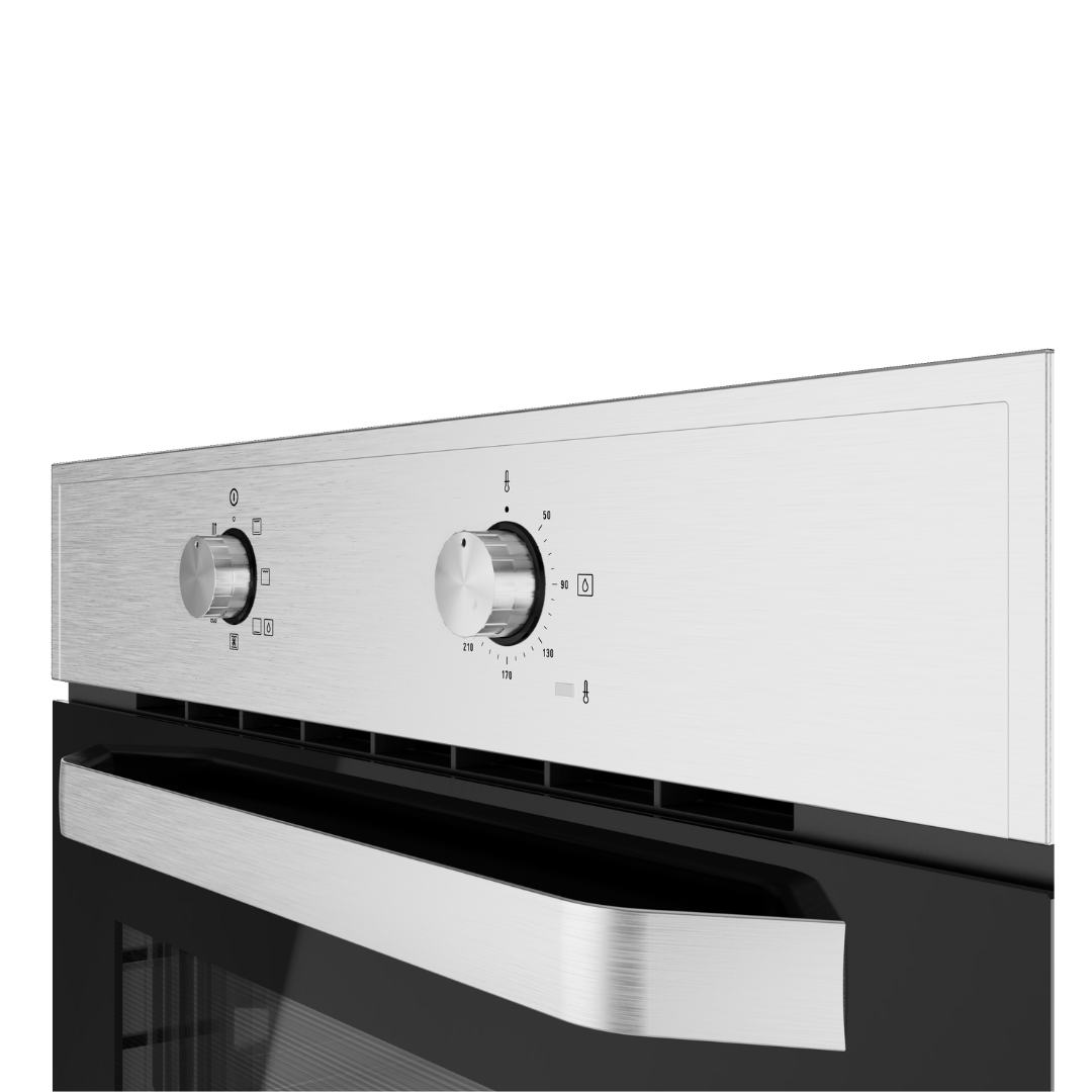 Stainless steel TEKA oven with control knobs on a white background