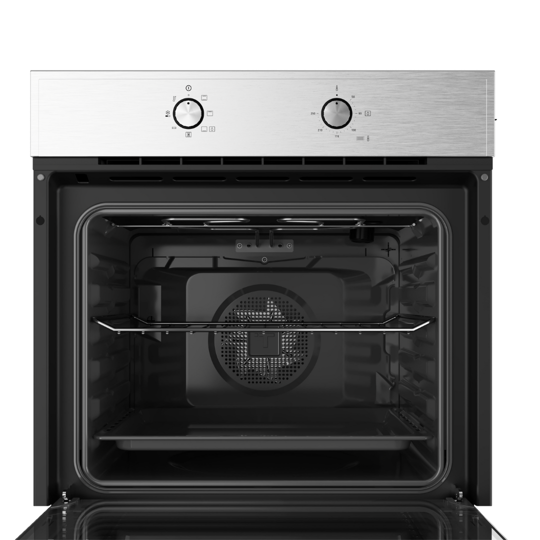 Stainless steel TEKA oven with open door on a white background