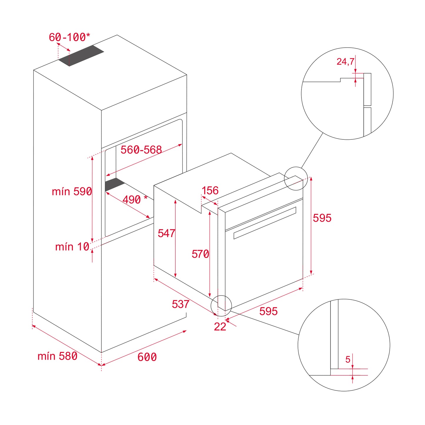 Technical drawing of a kitchen cabinet with dimensions labeled