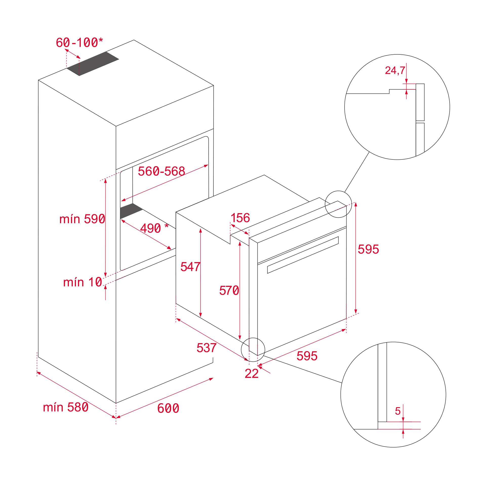 Technical drawing of a kitchen cabinet with dimensions labeled