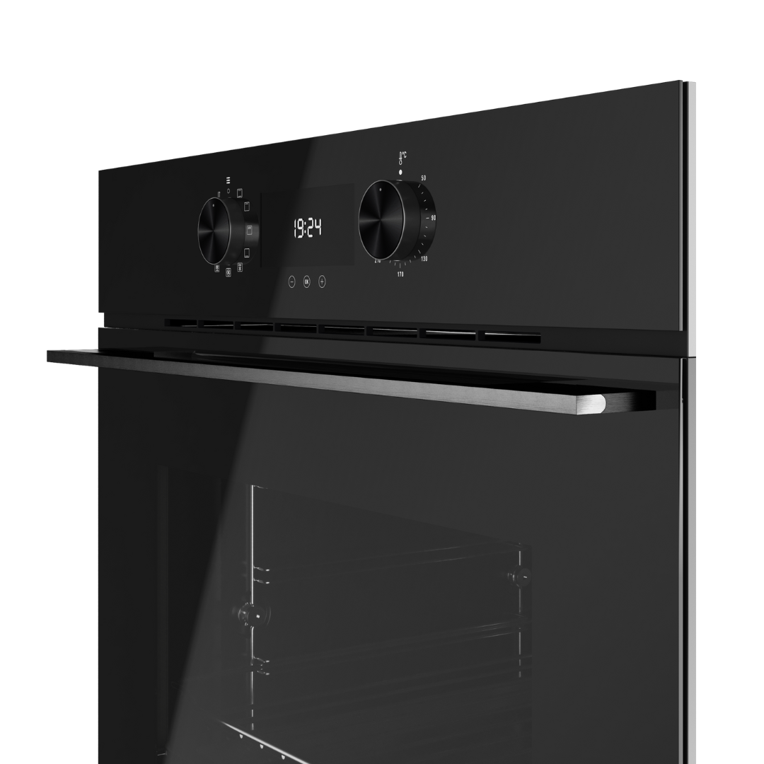Black TEKA oven with digital display and control knobs on a white background