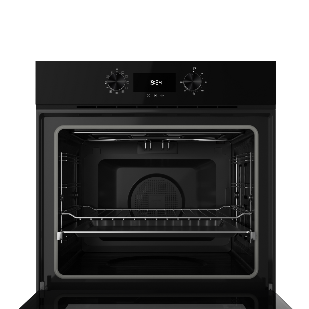 Black TEKA oven with open door on a white background