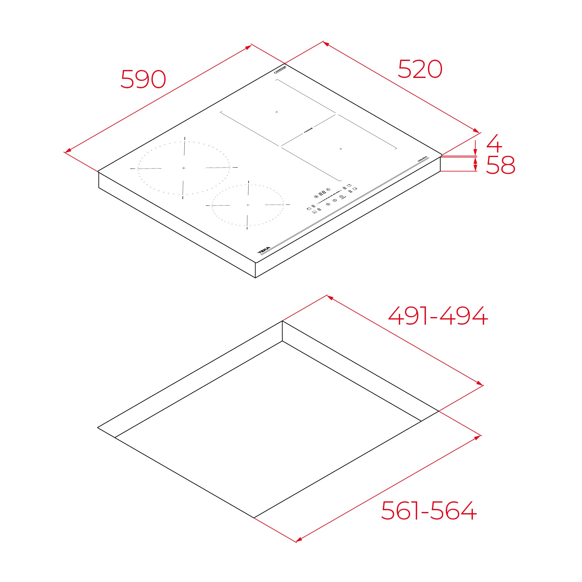 Technical drawing of a kitchen cooktop with dimensions labeled
