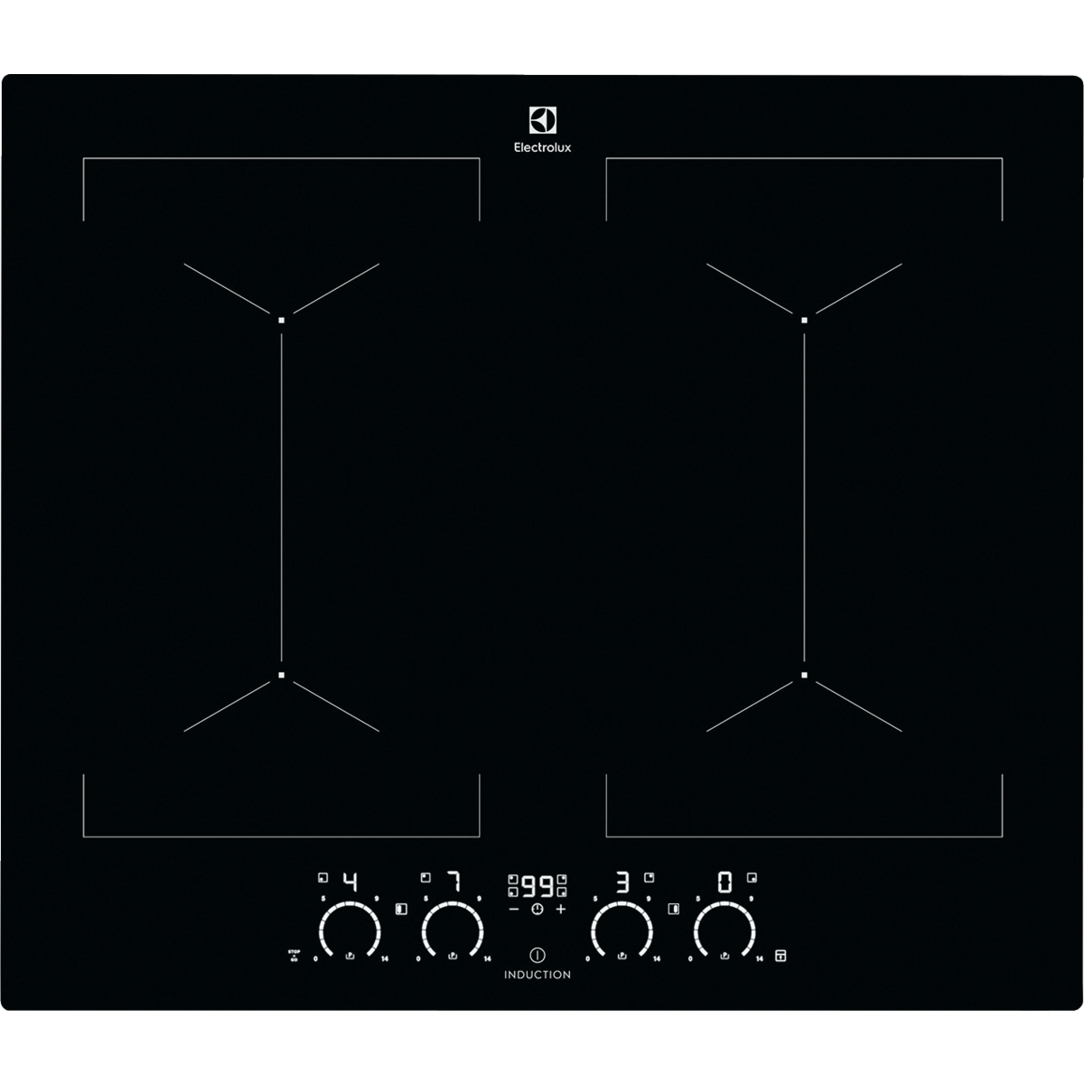Black Electrolux induction hob with digital display and control knobs on a white background