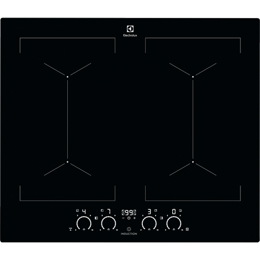 Black Electrolux induction hob with digital display and control knobs on a white background