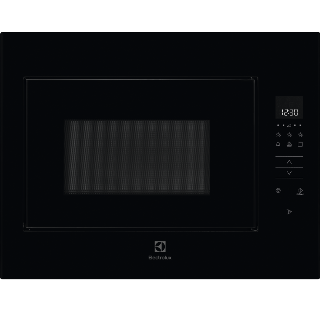 Black Electrolux microwave oven with digital display on a white background