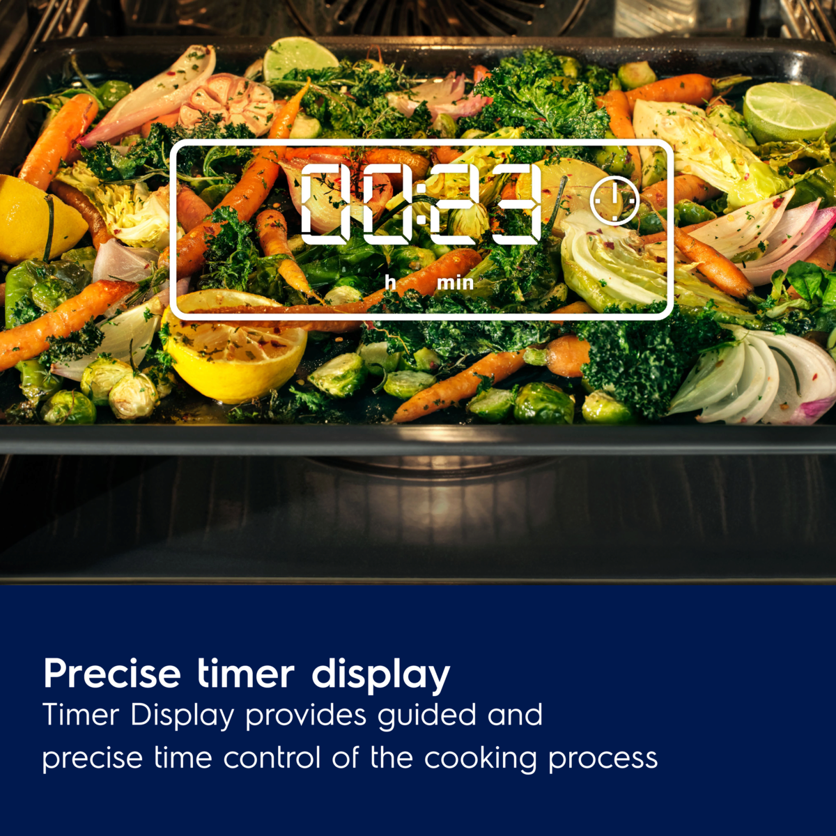 Tray of vegetables with a timer display overlay, set to 00:23, on a dark background.