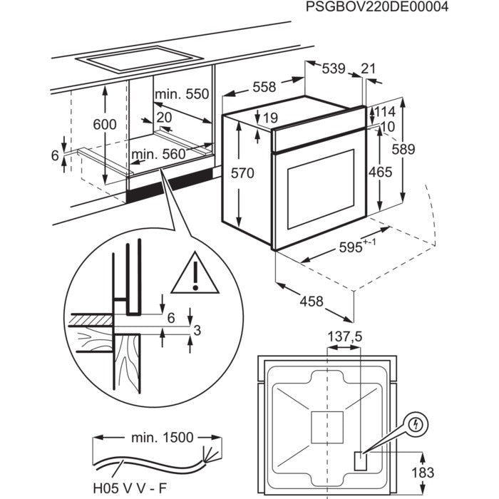 Technical drawing of an oven installation with dimensions and specifications.