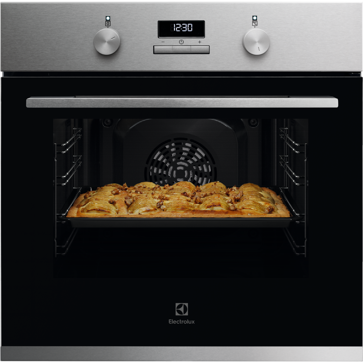 Electrolux 300 Series Multifunction Oven Stainless Steel with a pie inside, brand 'Electrolux' visible