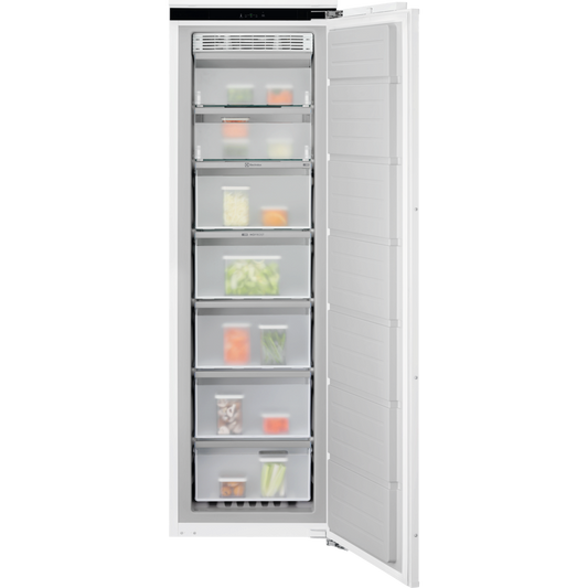 Electrolux Frost Free Freezer with open door showing food items on a white background