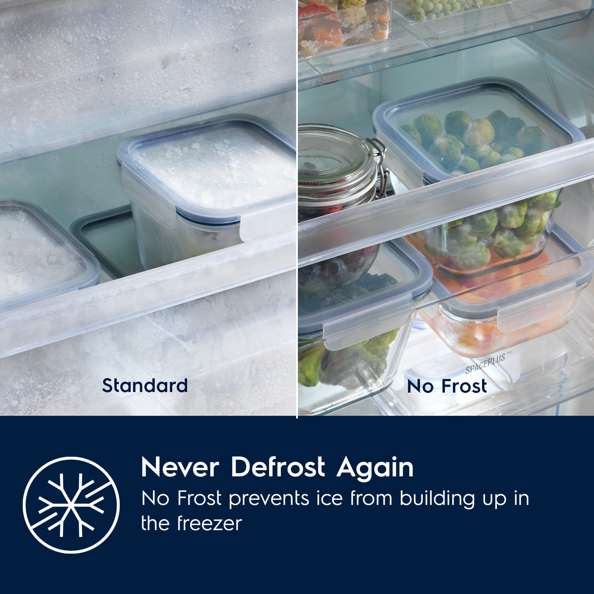 Comparison of a standard freezer with ice buildup and a no-frost Electrolux freezer with clear containers, featuring text 'Never Defrost Again'.