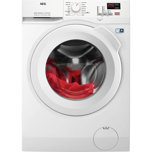 White AEG washing machine with a red garment inside on a white background