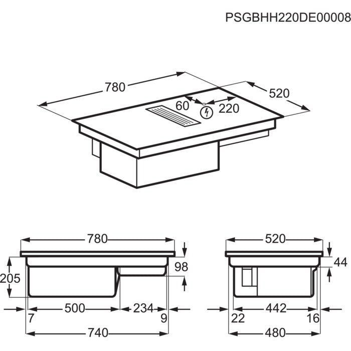 Technical drawing of a Electrolux Black Extraction induction Hob