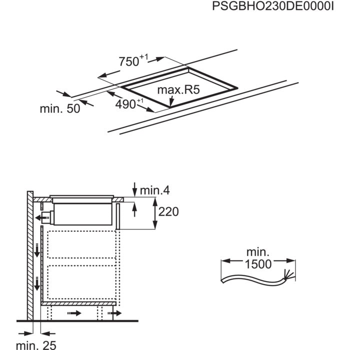 Technical drawing with dimensions and specifications for Electrolux Black Extraction induction Hob