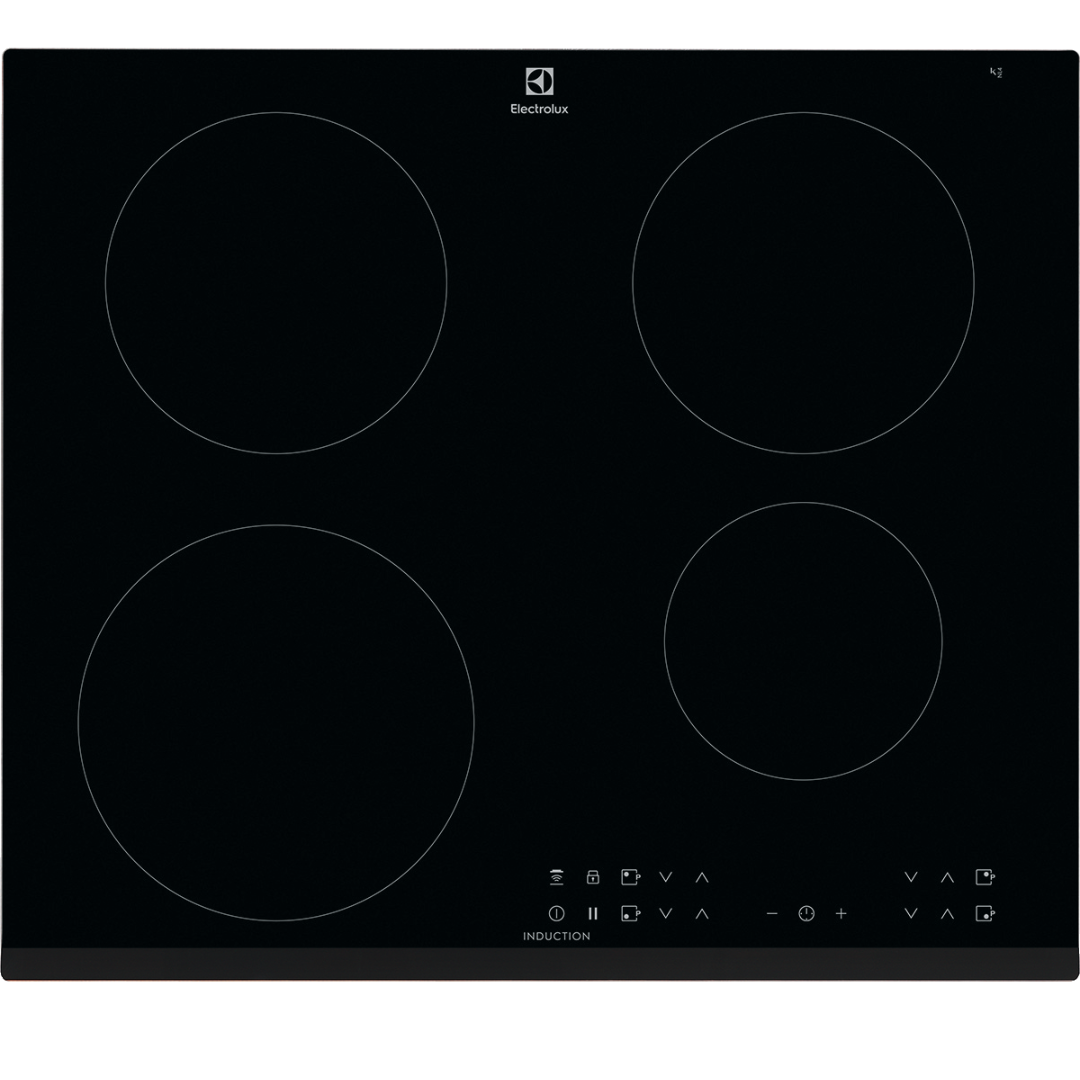 Black Electrolux induction Hob with four heating zones and Electrolux branding.
