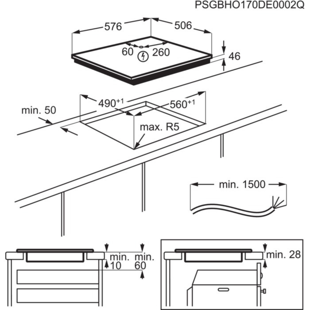 Technical drawing with measurements and dimensions for a kitchen sink installation.