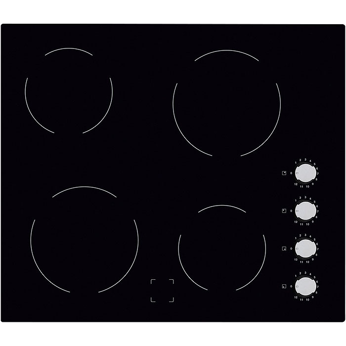 Electrolux Black glass hob with white heating elements and Rotary control knobs.