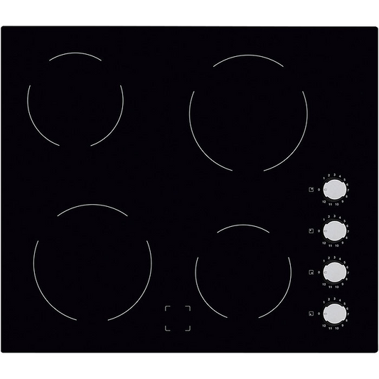 Electrolux Black glass hob with white heating elements and Rotary control knobs.