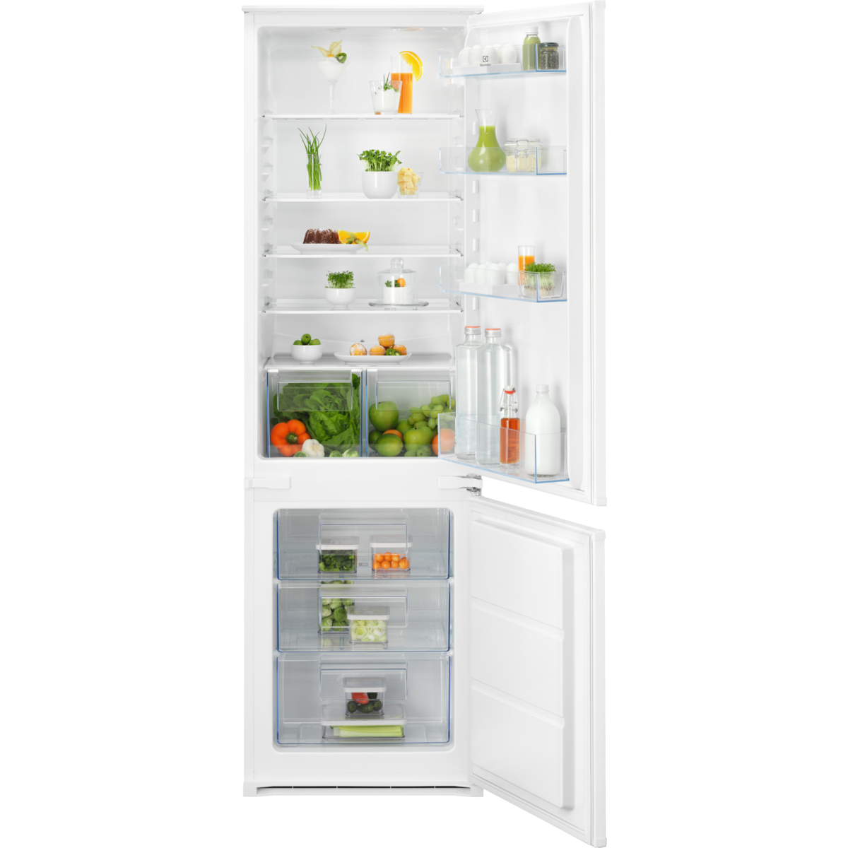 Electrolux White refrigerator with open doors displaying various food items on a white background