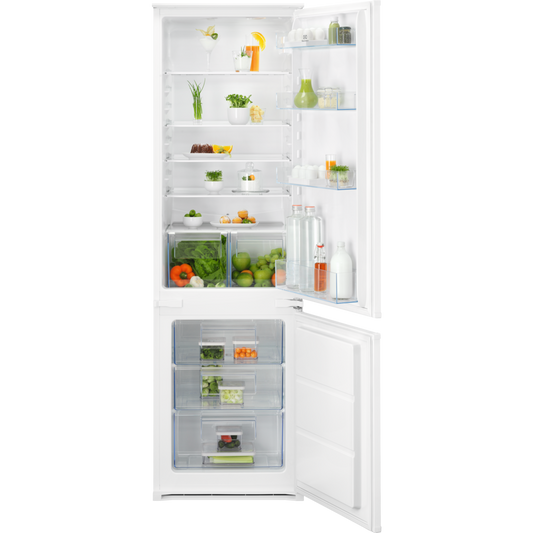 Electrolux White refrigerator with open doors displaying various food items on a white background