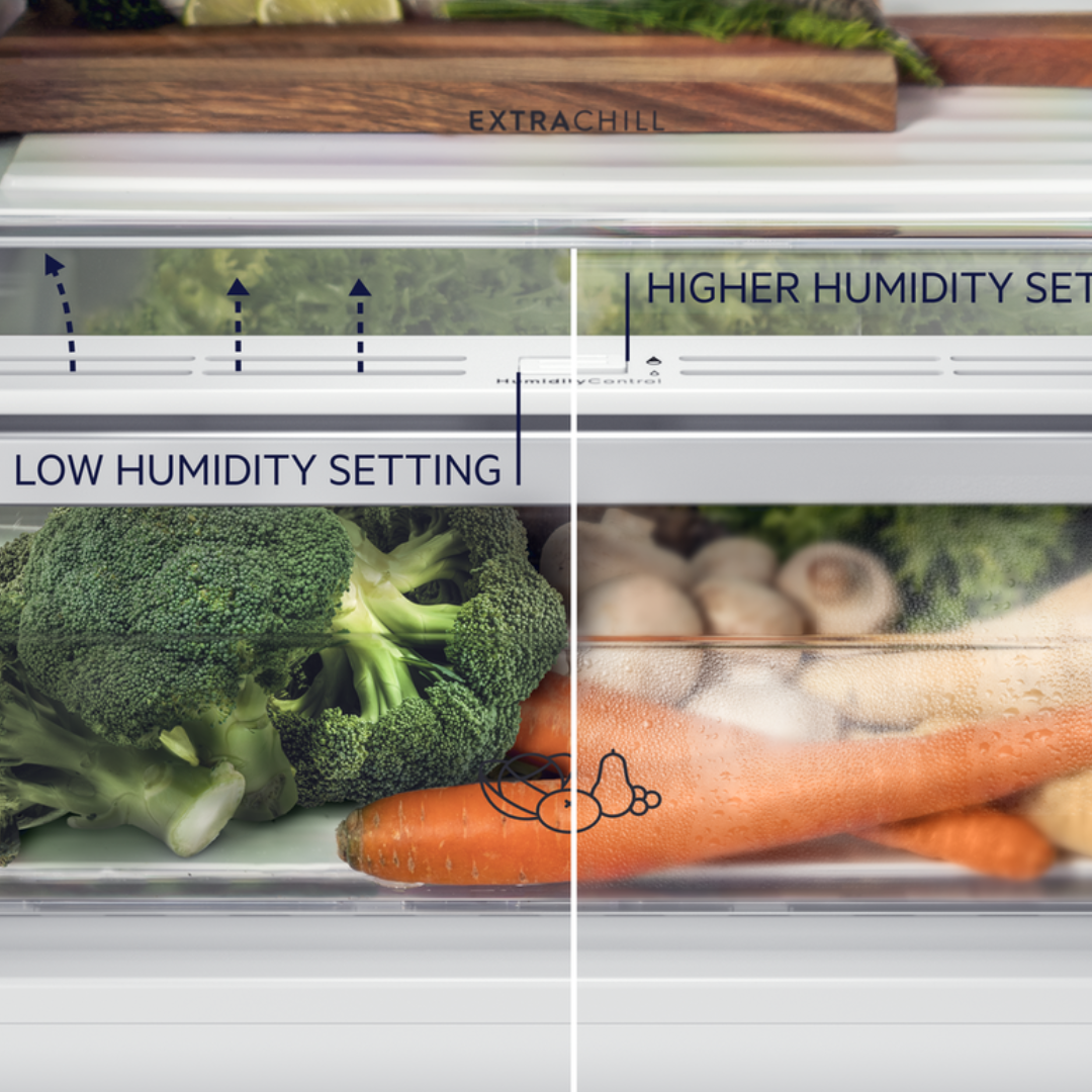 Electrolux Extrachill refrigerator drawer with vegetables on a white background