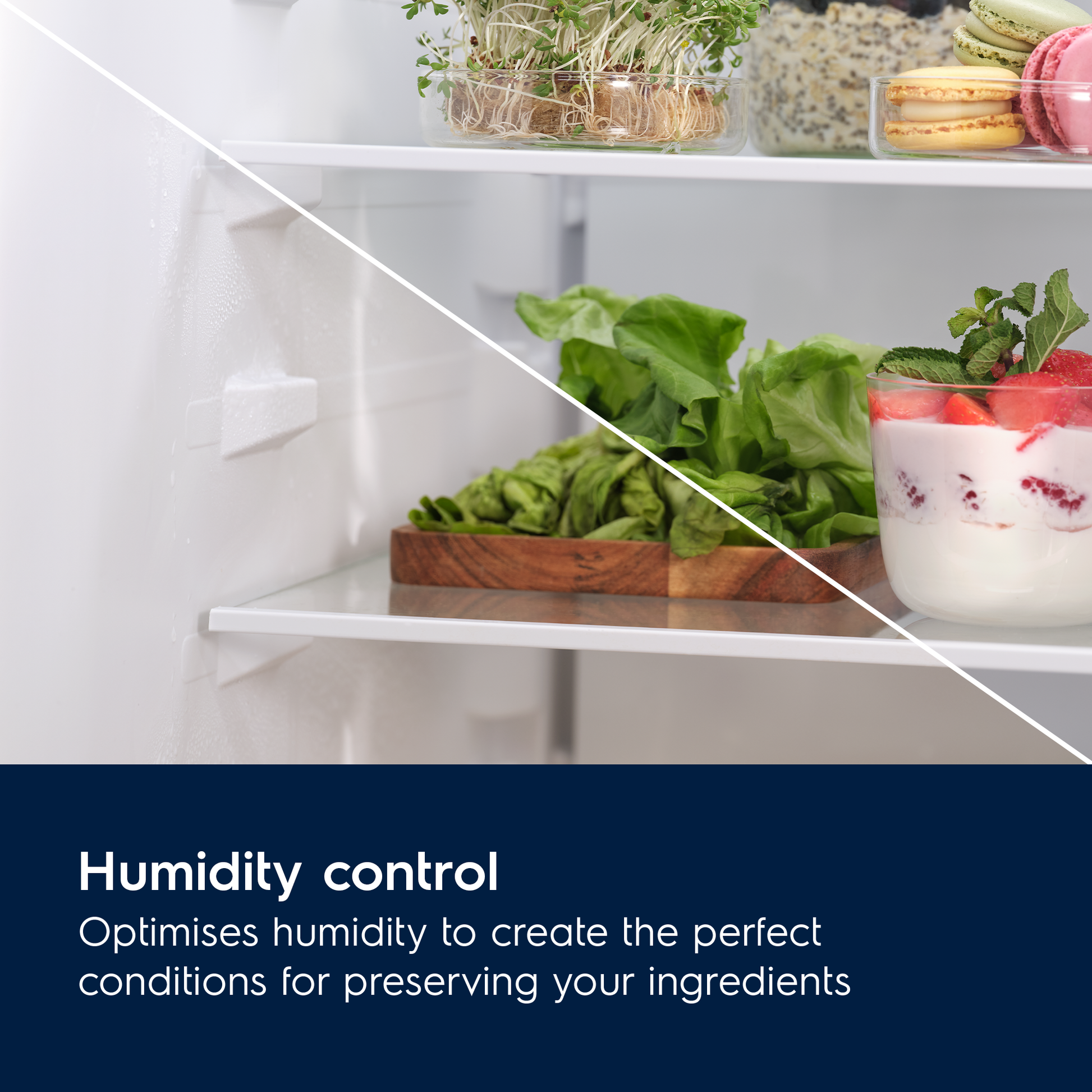 Electrolux Fridge interior with fresh produce and text about humidity control