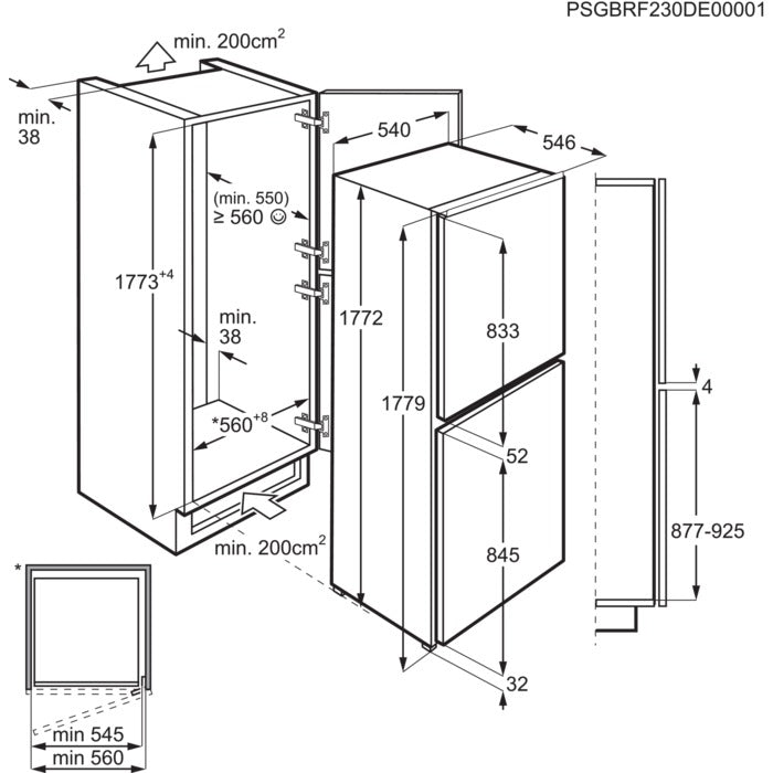 Technical drawing of a kitchen cabinet with dimensions labeled