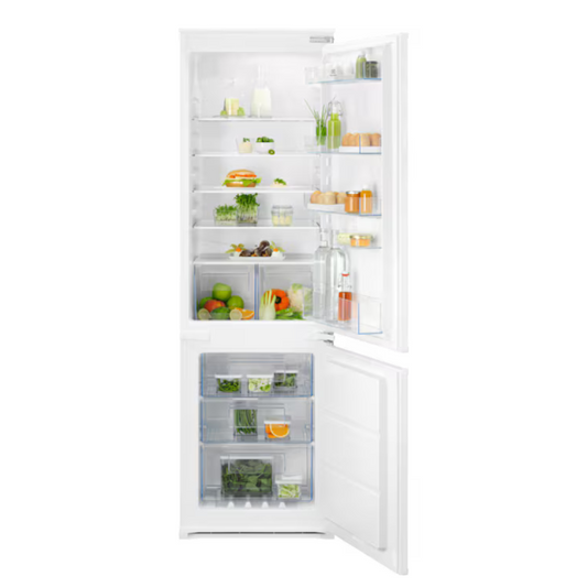 White Electrolux refrigerator with open door displaying various food items on a white background