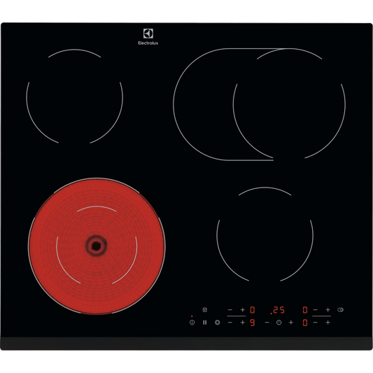 Black Electrolux Ceramic Hob with a red burner on a white background