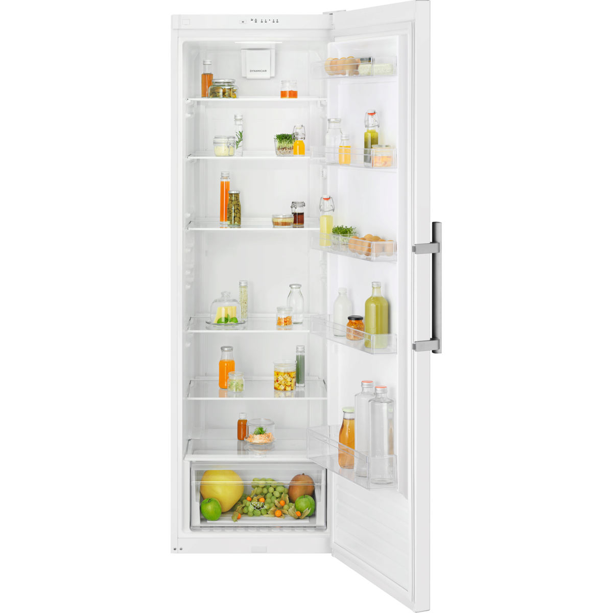 White Electrolux refrigerator with open door displaying various food items on a white background