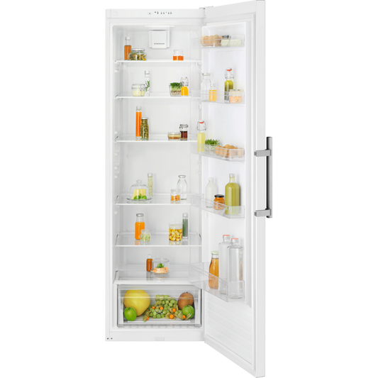 White Electrolux refrigerator with open door displaying various food items on a white background