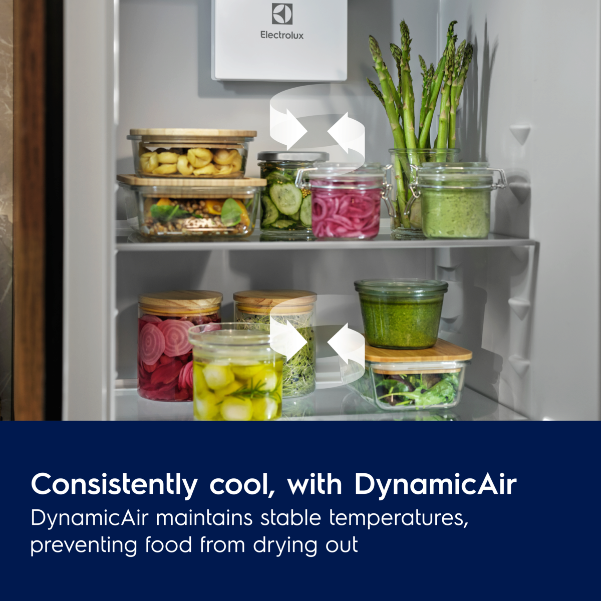 Open refrigerator with various food items in containers, featuring ElectroluxDynamicAir
