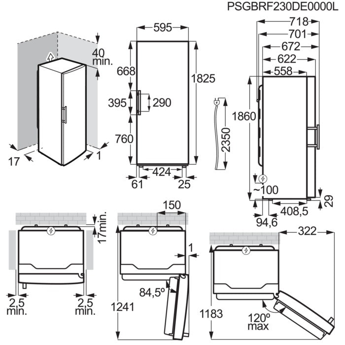 Technical drawing of a kitchen cabinet with dimensions and measurements