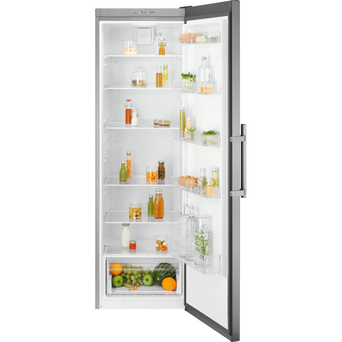 Electrolux Tall silver refrigerator with open door displaying various food items on white background