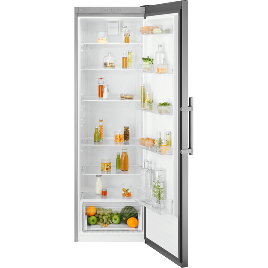 Electrolux Tall silver refrigerator with open door displaying various food items on white background
