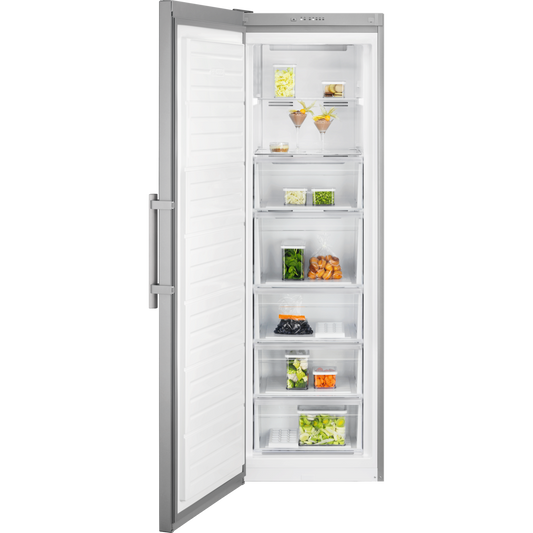 Stainless steel Electrolux Freezer with open door displaying various food items on a white background