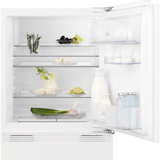 Open Electrolux refrigerator with various food items on the shelves