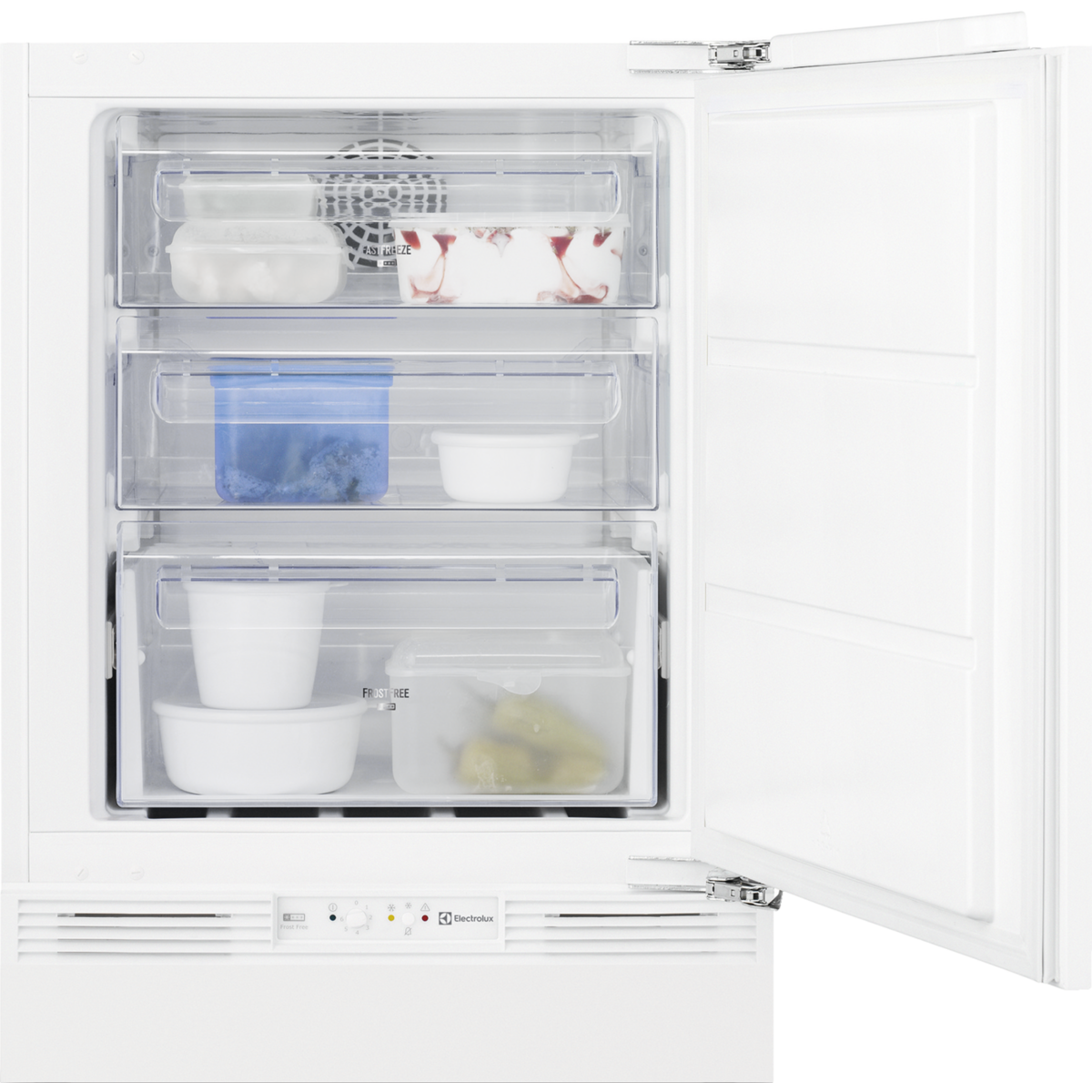 White Electrolux Undercounter Freezer with open door showing interior shelves with food items.
