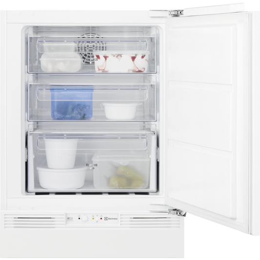 White Electrolux Undercounter Freezer with open door showing interior shelves with food items.