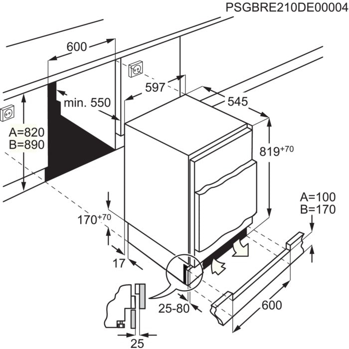 Technical drawing of a kitchen cabinet with dimensions labeled