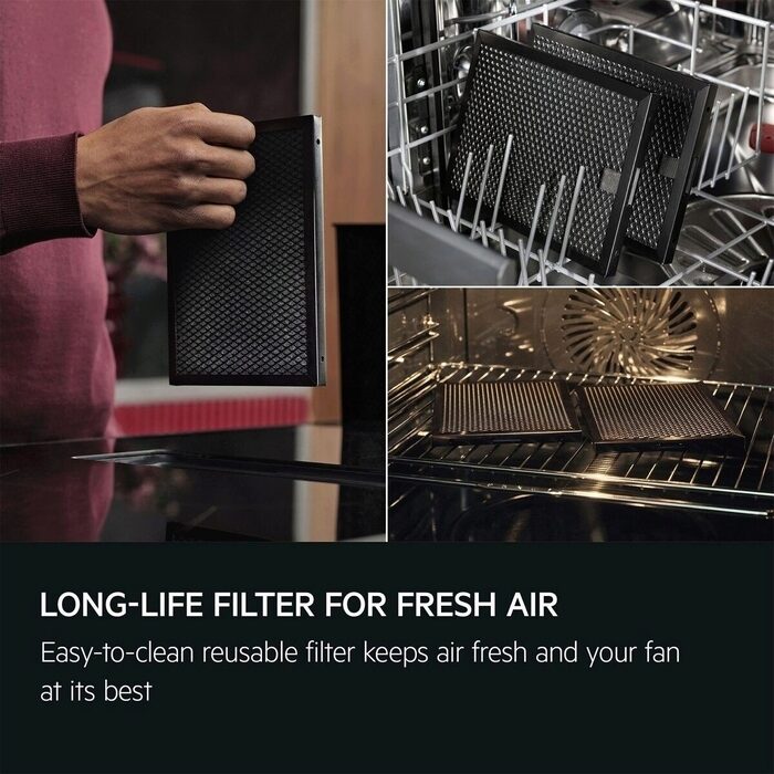 Collage of a person holding an AEG Hob filter, filters inside a dishwasher, and a close-up of a filter with text about a long-life filter for fresh air.